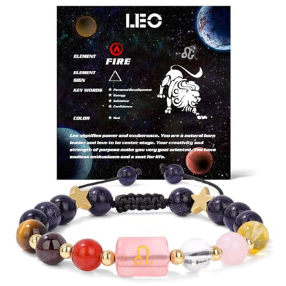 Zodiac Bracelets for Women 12 Constellations Healing Crystal Stone Beads Bracelet Birthday Zodiac Gifts Horoscope Spiritual Bracelet - color: Leo-2
