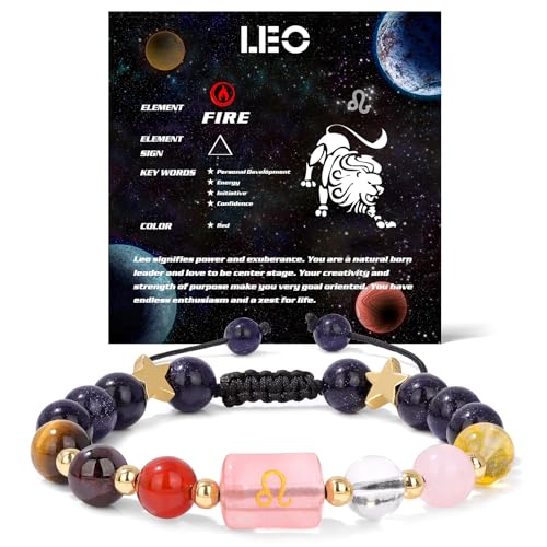 Zodiac Bracelets for Women 12 Constellations Healing Crystal Stone Beads Bracelet Birthday Zodiac Gifts Horoscope Spiritual Bracelet - color: Leo-2