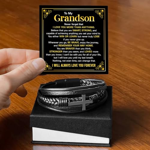 To My GrandSon Bracelet – Cross Braided Leather Bracelet, Meaningful GrandSon Gift from Grandpa & Grandma with Heartfelt Message Card & Elegant Gift Box for Birthday, Christmas, Graduation - color: Version#2