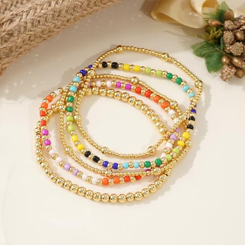 Colorful Gold Plated Stackable Ball Seed Beaded Bracelets Set For Women, Boho Handmade Romantic Stretch Accessories Jewelry, Daily Wear Holiday Party Friendship Gift - color: Rainbow