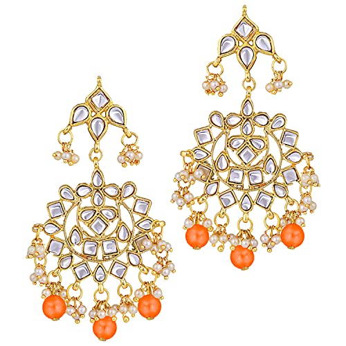Aheli Elegant Indian Faux Kundan Studded Choker Necklace with Maang Tikka Set Ethnic Wedding Wear Bharatanatyam jewellery set Gift for Women - color: Orange
