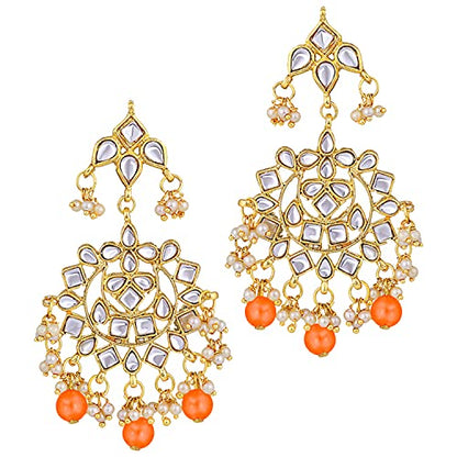 Aheli Elegant Indian Faux Kundan Studded Choker Necklace with Maang Tikka Set Ethnic Wedding Wear Bharatanatyam jewellery set Gift for Women - color: Orange