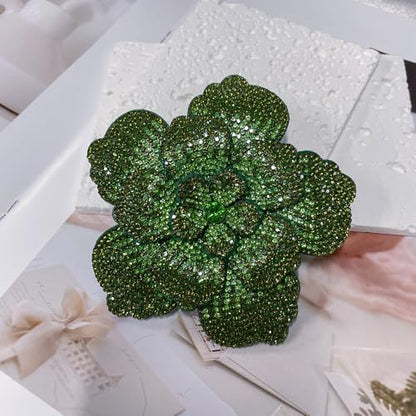 Rhinestone Flower Brooch Pin for Women Men Elegant Sparkly Crystal Camellia Floral Lapel Pins Shawl Dress Suit Clothes Accessories Wedding Party Fashion Jewelry 105mm - color: Olive Green