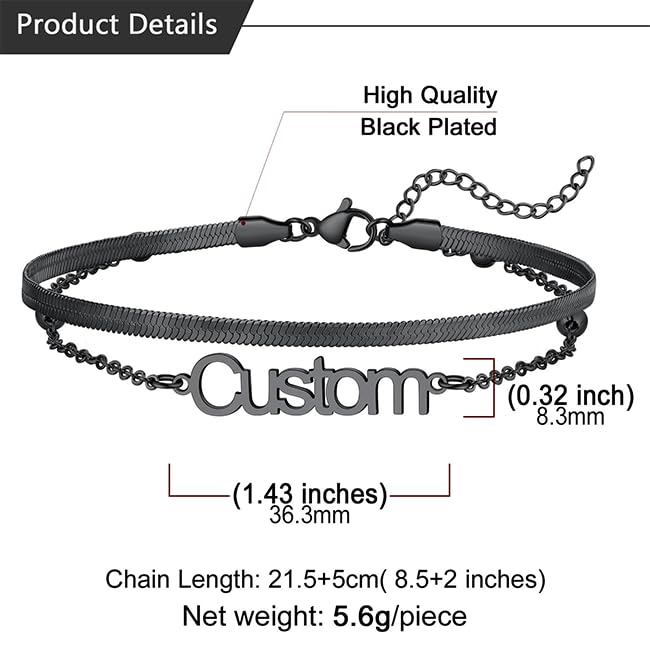 U7 Custom Layered Ankle Bracelets for Women Stainless Steel Bead/Cuban/Figaro/Rope/Wheat Chain Anklet Waterproof Anklet Jewelry for Beach Vacation - color: c-Black-Herringbone Chain