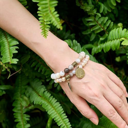 Bivei Natural Semi Precious Gemstone beads bracelet for women - Life Tree and Leaf Charm Energy Reiki Crystal Stretch Bracelets - color: Bamboo Leaf Agate Bracelet Set, size: Medium:6.8-7.24inch