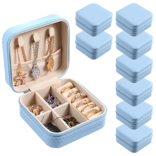 8 Pack Travel Jewelry Case Small Travel Jewelry Box Bridesmaid Gifts Jewelrys Box, PU Leather Small Jewelrys Case Organizer Storage for Rings Earrings Necklaces, Beauty Gifts for Women Girls (Blue) - color: Blue