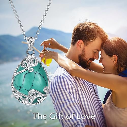 YAFEINI 925 Sterling Silver Moonstone Necklace Filigree Teardrop Pendant Necklace Jewelry for Women Girls - color: Q-Turquoise