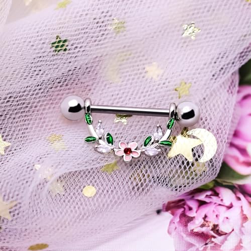 2pcs 14G Nipple Rings Flower Nipple Bars Surgial Steel 316L Nipple Piercing Jewelry Heart Nipple Barbell for Women - color: white f