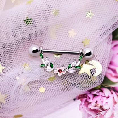 2pcs 14G Nipple Rings Flower Nipple Bars Surgial Steel 316L Nipple Piercing Jewelry Heart Nipple Barbell for Women - color: white f