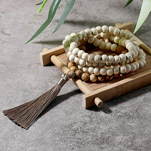 8MM Semi-Precious Gem Stones Wood Mala Bead Necklace | Multicolor Long Tassel Charms Chain Necklace,Handmade Beaded Pendant Necklace for Women Men - color: Wooden+Picture Jasper