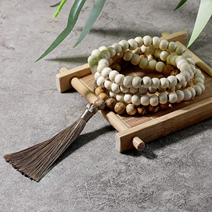 8MM Semi-Precious Gem Stones Wood Mala Bead Necklace | Multicolor Long Tassel Charms Chain Necklace,Handmade Beaded Pendant Necklace for Women Men - color: Wooden+Picture Jasper