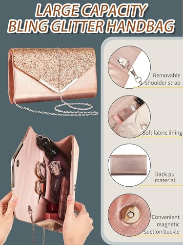 Henoyso 5 Pcs Purse Rhinestone Jewelry Set Prom Jewelry Rhinestone Clutch Purse Necklace Earrings Bracelets for Women Bride - color: Rose Gold