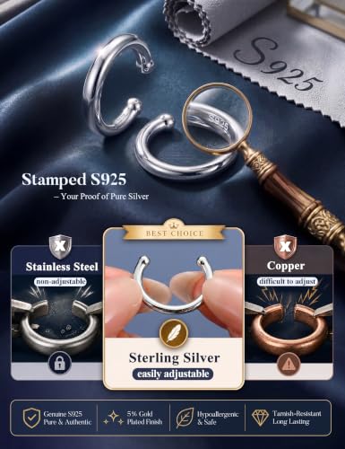 Subiceto 925 Sterling Silver Ear Cuffs Non Piercing - Adjustable Hypoallergenic 14K Gold Plated Clip On Earrings for Women Cubic Zirconia Silver Ear Cuff Helix Cartilage Fake Piercing - color: 05 Simple Silver Tone