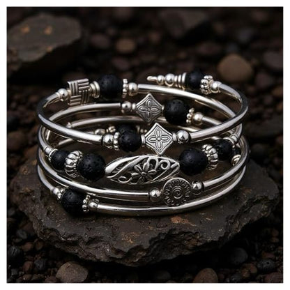 Boho Wrap Beaded Bracelet for Women – Handmade Natural Stone Jewelry – Stainless Steel Adjustable Ethnic Chic Gift - color: Volcano Rock