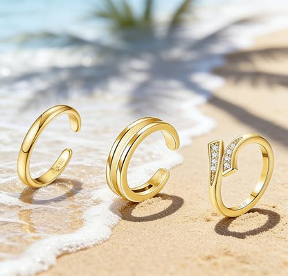 3Pcs Gold Toe Rings for Women,Trendy CZ Flower Toe Rings Silver Open Adjustable Band Ring Summer Foot Jewelry Accessories - color: cz