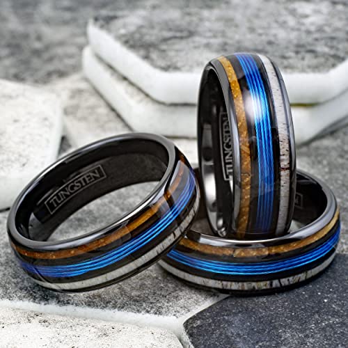Stunning Unique 6mm/8mm Polished Black Tungsten Carbide Low Dome Band Ring with Fishing Line Between Whiskey Barrel Oak Wood and Deer Antler Inlays.