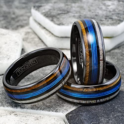 Stunning Unique 6mm/8mm Polished Black Tungsten Carbide Low Dome Band Ring with Fishing Line Between Whiskey Barrel Oak Wood and Deer Antler Inlays.