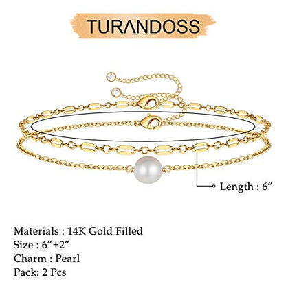 Dainty Gold Bracelets for Women, 14K Gold Plated Adjustable Layered Beads Bracelet Cute Evil Eye Oval Chain Pearl Bar Turtle Gold Bracelets for Women Jewelry - style: Pearl&Chain