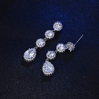 Women's Cubic Zirconia Bridal Earrings - Elegant Long Wedding Party Prom Earring for Bride Bridesmaids Crystal CZ Rhinestone Chandelier Statement Dangle Drop Earrings for girls - color: Clear-silver