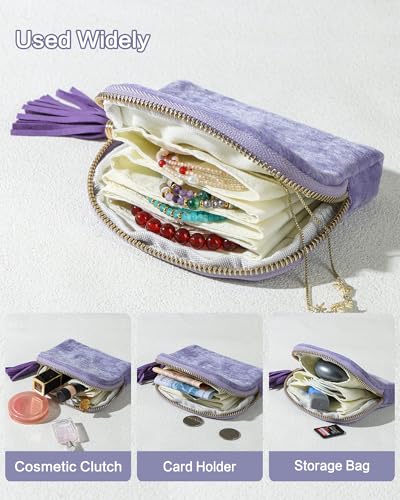 Travel Jewelry Pouch, 5-Layer Velvet Pouch, Pink | Anti-Scratch, Tangle-Free, Bracelets Earrings Necklaces, YKK Zipper Tassel, Chenille Velvet, Travel Jewelry Case, Gift - color: Pink