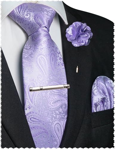 JEMYGINS Mens Paisley Tie and Lapel Pin Necktie Pocket Square and Tie Clip with Sets for Business Casual 4PCS - color: Lavender