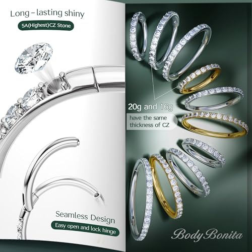 316L Stainless Steel 5A CZ Nose Rings Hoops Conch Helix Piercing Jewelry | Cartilage Earrings Tragus Rook Daith Piercing Jewelry, Septum Clicker Silver/Black/14K Gold Plated, 6-12mm, 16G/18G/20G - color: Gold, Clear CZ(5A), 20G, size: 20g(0.8mm)-8mm-TopPi