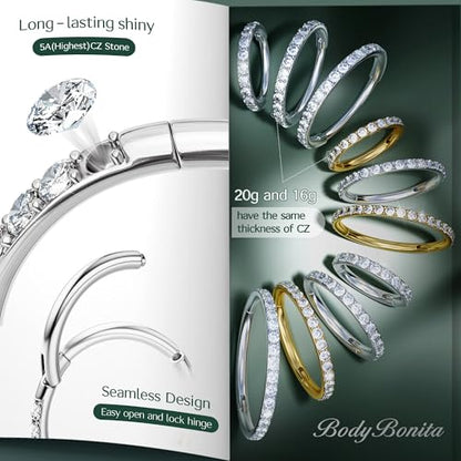 316L Stainless Steel 5A CZ Nose Rings Hoops Conch Helix Piercing Jewelry | Cartilage Earrings Tragus Rook Daith Piercing Jewelry, Septum Clicker Silver/Black/14K Gold Plated, 6-12mm, 16G/18G/20G - color: Gold, Clear CZ(5A), 20G, size: 20g(0.8mm)-8mm-TopPi