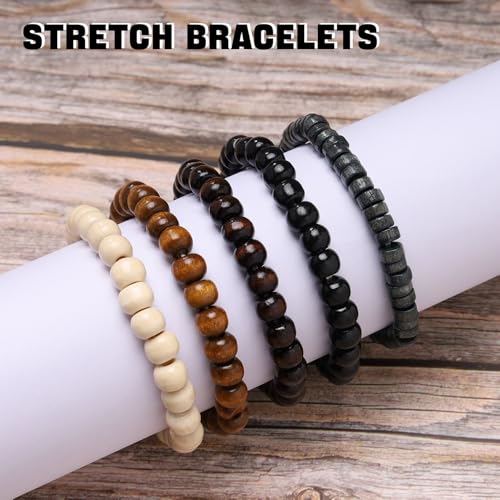 Mens Beaded Bracelets Tribal Wooden Elastic Adjustable Prayer Beads Wrap Cuff for Women - color: P: 5pcs