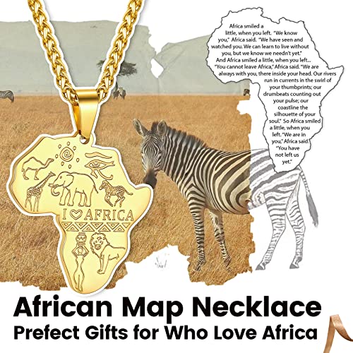 GOLDCHIC JEWELRY Africa Map Necklace for Men, Stainless Steel African Tribal/Egyptian Eye of Horus/I LOVE AFRICA/Elephant Map Hiphop Jewelry Unisex with 22'+2'Adjustable Chain - color: Animals - Gold, style: Personalised Engraving