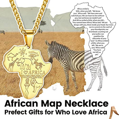 GOLDCHIC JEWELRY Africa Map Necklace for Men, Stainless Steel African Tribal/Egyptian Eye of Horus/I LOVE AFRICA/Elephant Map Hiphop Jewelry Unisex with 22'+2'Adjustable Chain - color: Animals - Gold, style: Personalised Engraving