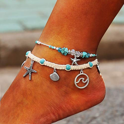 Softones Blue Starfish Turtle Anklet Multilayer Charm Beads Sea Handmade Boho Anklet Foot Jewelry for Women - style: D:2pcs Star Wave