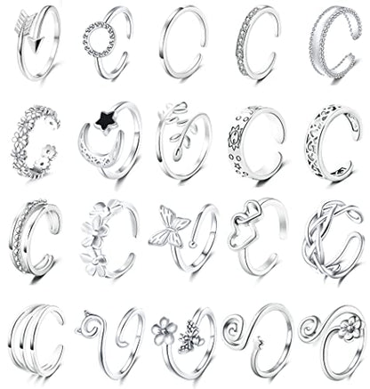 Staligue 20pcs Adjustable Toe Rings Set for Women Fingers Joint Tail Summer Beach Arrow Flower Open Rings Foot Jewelry - color: Silvery