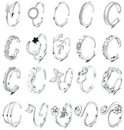 Staligue 20pcs Adjustable Toe Rings Set for Women Fingers Joint Tail Summer Beach Arrow Flower Open Rings Foot Jewelry - color: Silvery