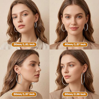 8 Pairs Gold Hoop Earrings for Women, 14K Gold Plated and Silver Hoops, Hypoallergenic Stainless Steel Classic Thin Large Set 30/40/50/60mm (1.18–2.36in) - color: 8 Pairs Silver-30/40/50/60mm