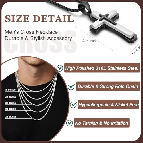 Men's Cross Necklace 316L Stainless Steel Large Heavy Cross Pendant for Men Polished Jewelry Rolo Chain with 22'' 24'' 26'' - color: F-Black and White, size: 26 inch