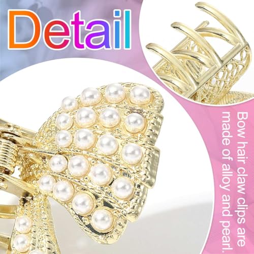 CAKURE Bow Claw Clips Gold Hair Clips Hair Accessories for Women | 2 PCS Pearl Bow Hair Claw Clips for Thin Hair Cute Small Claw Jaw Clips Daily Prom Wedding