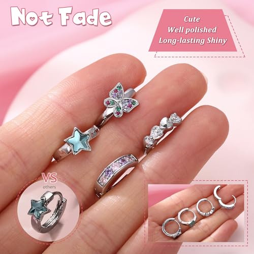 YADOCA Hypoallergenic Hoop Earrings For Girls Women Kids Toddler Earrings | Cute Small Huggie Hoop Earring Set Colorful Blue Pink CZ Cartilage Earring 10mm 4 Pairs Butterfly Star Wear While Sleeping - color: Color