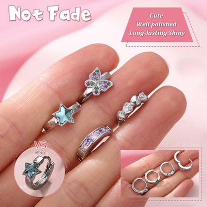 YADOCA Hypoallergenic Hoop Earrings For Girls Women Kids Toddler Earrings | Cute Small Huggie Hoop Earring Set Colorful Blue Pink CZ Cartilage Earring 10mm 4 Pairs Butterfly Star Wear While Sleeping - color: Color