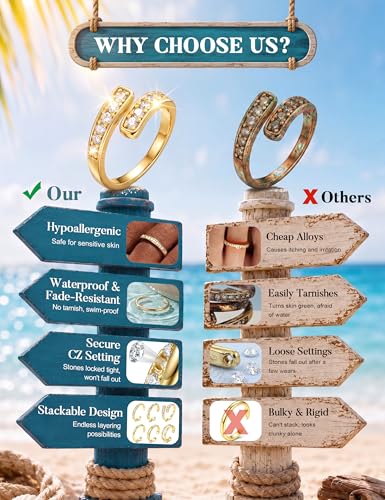 Subiceto 6 Pcs 14K Gold Filled Toe Rings for Women Non Tarnish Dainty Open Adjustable Toe Ring Set Stackable Cz Hypoallergenic Beach Summer Foot Jewelry for Women - color: texture 14k gold plated