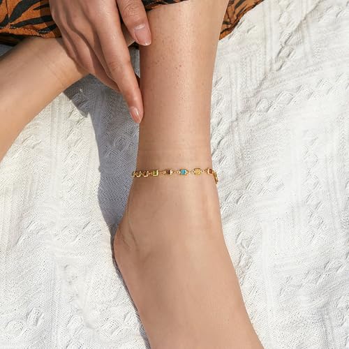 Ankle Bracelets for Women 18K Gold Plated Anklet for Women Gold Charm Anklet Waterproof Summer Beach Foot Chain Jewelry Gifts - style: square colorful cubic zirconia