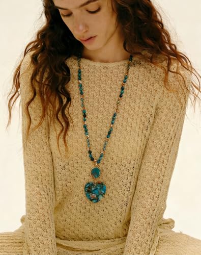 Yomisa Long Necklaces for Women Trendy, 33/34/35 inch | Boho Beaded Necklaces for Women, Natural Stone Pendant, Handmade Knotted Bead, Bohemian Holiday Summer Western Charm Jewelry - color: Love-Turquoise