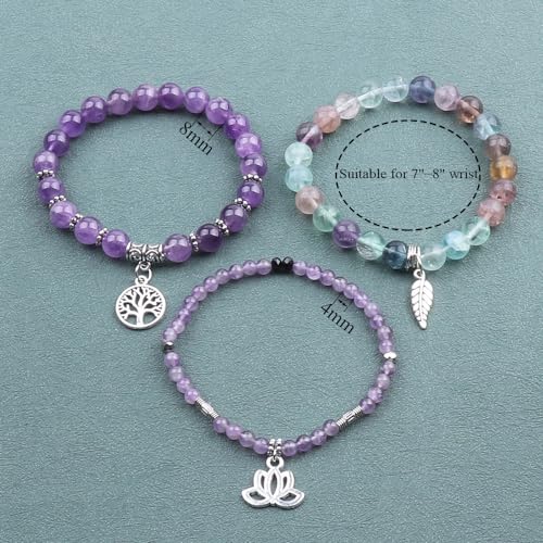 Tree of Life Yoga Healing Stone Bracelets,Multilayer Lotus Chakra Stone Reiki Bracelet Sets,Anxiety Crystal Natural Stone,for Women Stress Relief - style: Amethyst + Fluorite