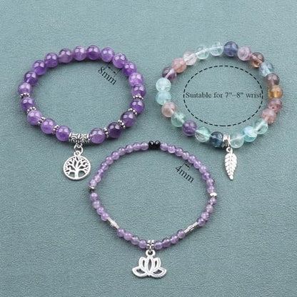 Tree of Life Yoga Healing Stone Bracelets,Multilayer Lotus Chakra Stone Reiki Bracelet Sets,Anxiety Crystal Natural Stone,for Women Stress Relief - style: Amethyst + Fluorite