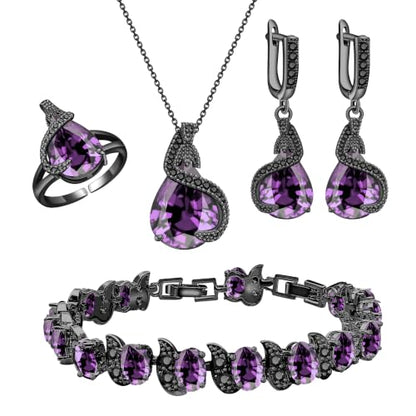 Jewelry Set for Women Teardrop Earrings Necklace Ring Bracelet Set Party Wedding Jewelry Gift for Mother Wife Friend - color: Black Gun-Purple