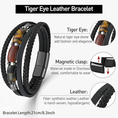 Mens Tiger Eye Leather Bracelet, Natural Tiger Eye Stone Multi-Layer Braided Cuff Bracelets for Men, Stainless Steel with Buckle Memorial Bangle Gifts for Him - color: Black1