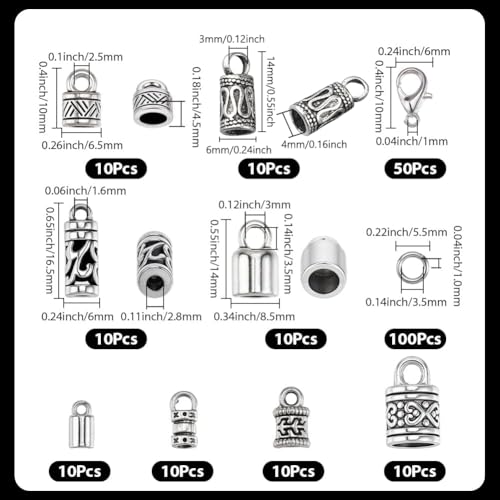 SUNNYCLUE 1 Box 230Pcs Cord End Caps Bracelet End Caps Tibetan Style Antique Silver Kumihimo Bracelet Findings Lobster Clasp Open Jump Rings for Jewelry Making Kits DIY Bracelet Necklace Earrings - style: Style 2