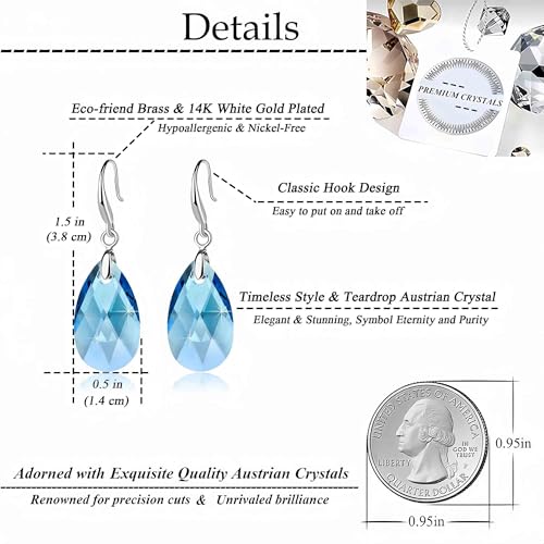 Austrian Crystal Teardrop Dangle Hook Earrings for Women 14K Gold Plated Hypoallergenic Jewelry - color: Aquamarine