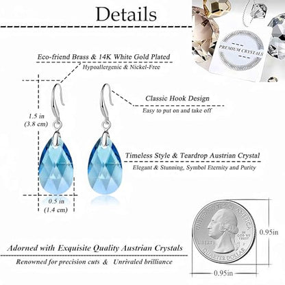 Austrian Crystal Teardrop Dangle Hook Earrings for Women 14K Gold Plated Hypoallergenic Jewelry - color: Aquamarine