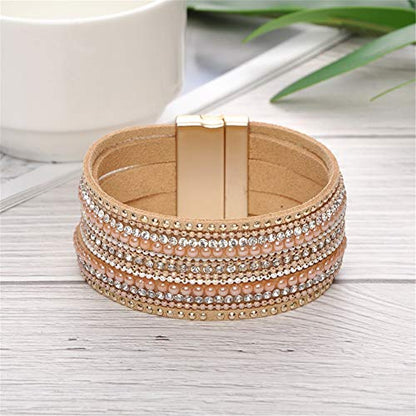 Artilady Leather Wrap Bracelet for Women, Pearl Beaded Bangle Stack Jewelry | Easy on-off, Elegant Handmade Multi-Layered, Daily Casual Date Beach Vacation, Gift for Ladies, Mother, Sister & Friend - style: Shining Pink