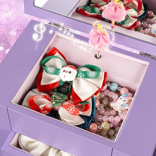 Emfogo Jewelry Box for Girls, Musical Jewelry Box with Spinning Dancer Gifts for Little Girls Christmas New Year Birthday Children's Day, 5 Layer Large Wooden Kids Music Jewelry Organizer Box(Purple) - color: Purple